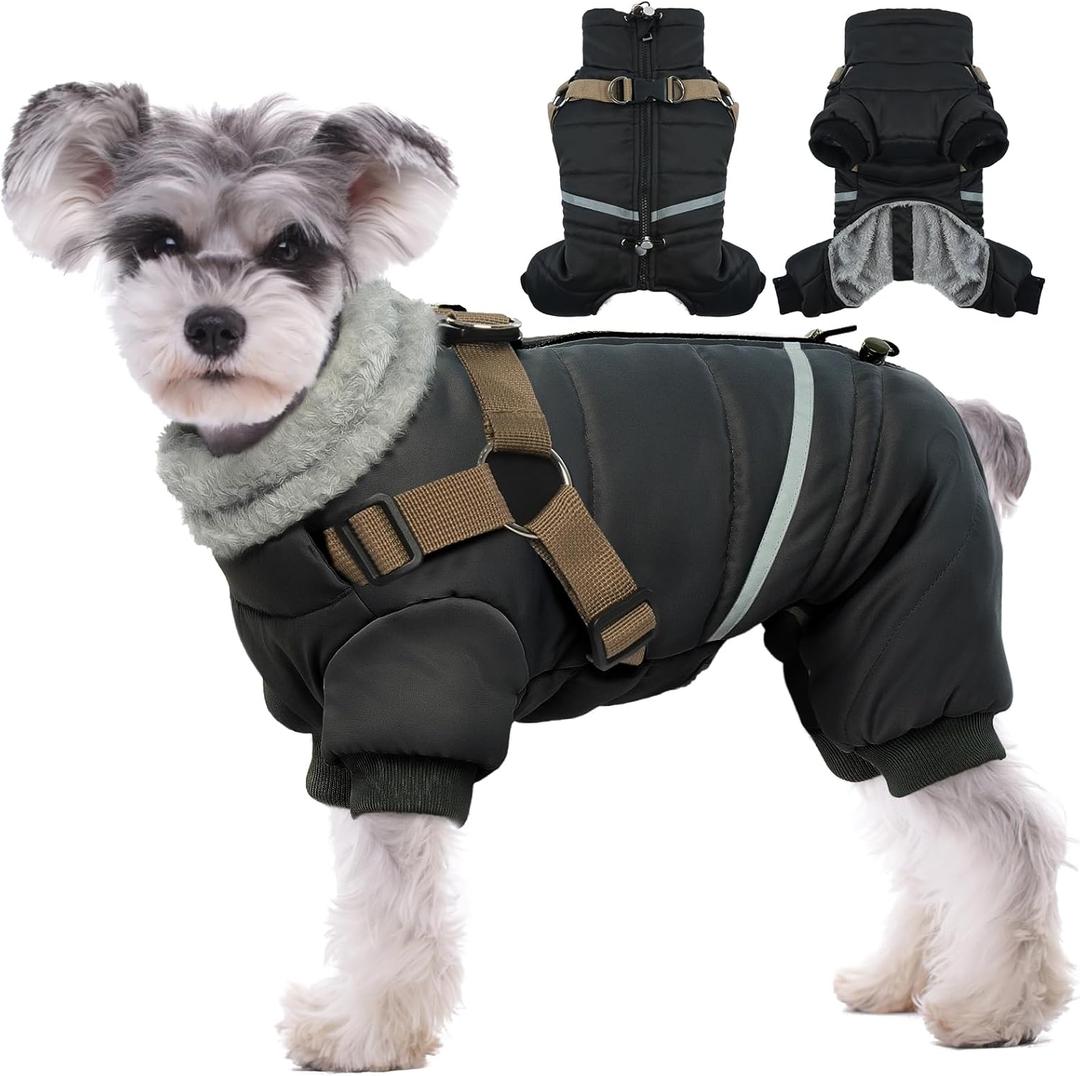 BRKURLEG Black Dog Coat with Harness, Dog Winter Jacket, Dogs Onesie Body Warm Jackets, Small Dogs Winter Coats Reflective Windproof Warm Cold Weather Coats, Pet Waterproof Jacket Hiking, Medium
