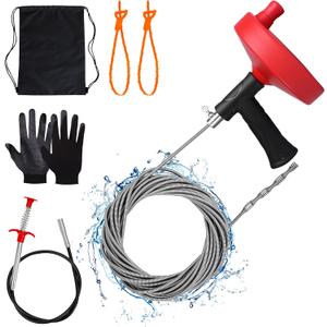 Drain Auger 33 ft, Plumbing Snake Hair Clog Remover Drain Snake Flexible Grabber Heavy Duty Sink Cleaner Tools for Shower Bathtub Bathroom Kitchen Pipe, Red
