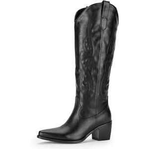 Pasuot Western Cowboy Boots for Women - Knee High Wide Calf Cowgirl Boots with Classic Embroidered, Slip On Pointed Toe Chunky Heel Fashion Retro Classic Pull On Tall Boot for Girls Ladies Fall Winter 7