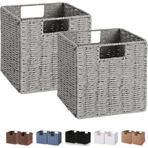 Vagusicc Wicker Basket, Set of 2 Hand-Woven Wicker Storage Basket, Foldable 11 inch Cube Storage Bins, Storage Baskets for Organizing Shelves, Closet Organizers and Storage Bins, Gray (111111)