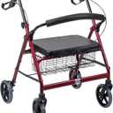 DMI Extra-Wide Heavy Duty Steel Bariatric Mobility Rollator Walker with Seat and Basket, Burgundy, Folding