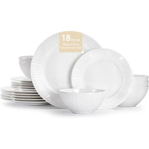 KINGSTONE Bone China Dinnerware Set, 18-Piece White Lightweight Porcelain with Textured Design Service for 6, Plates, Bowls, for Family Dining, Restaurants, GiftingMicrowave and Dishwasher Safe
