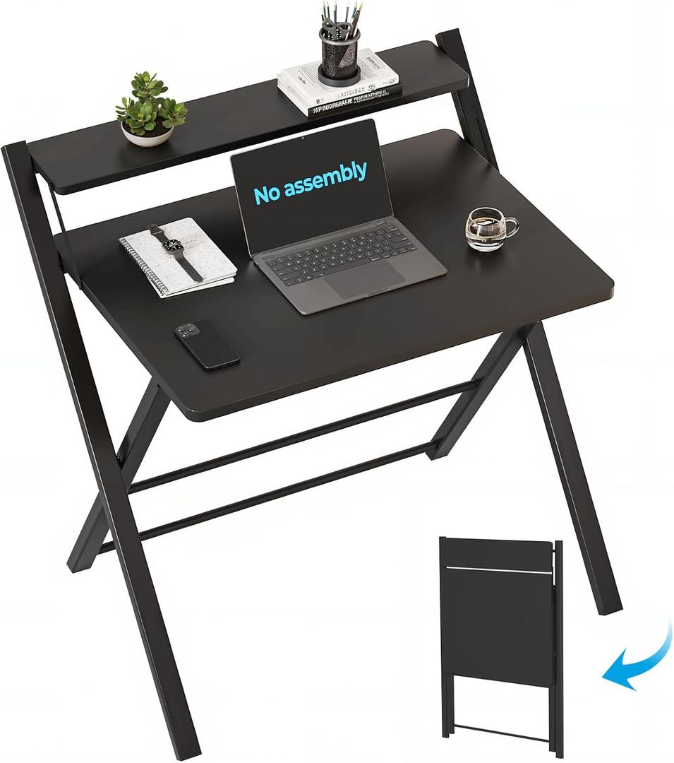GreenForest No Assembly Folding Desk, 2-Tier Compact Computer Desk with Shelf, Space Saving Foldable Table for Home Office, Dorm or Apartment, Portable Collapsible Sturdy Laptop Desk, Black, 22 x 27.3 inch