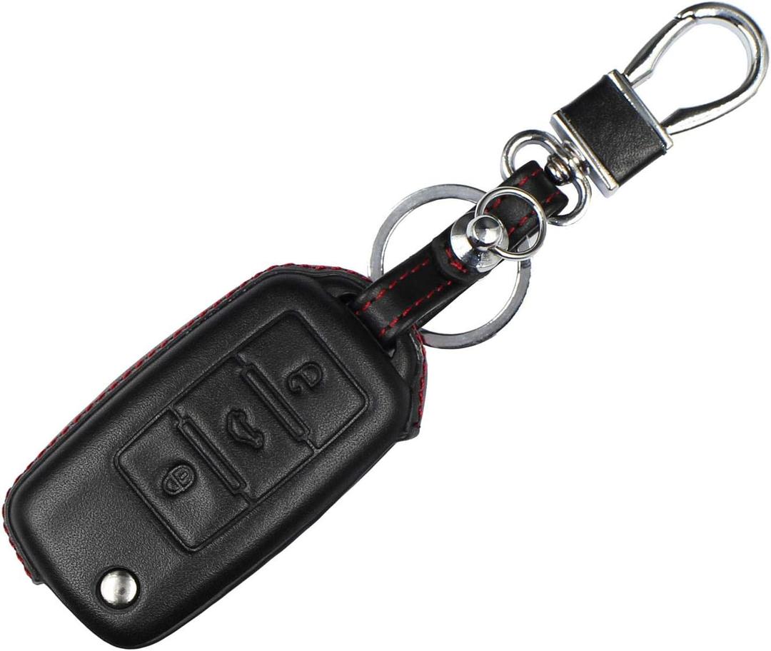 Men Women Genuine Leather Key Fob Cover For Volkswagen/For Skoda 3 Buttons Flip Car Remote Key Case Pouch with Key Ring Kit Keychain Holder Hook - Black