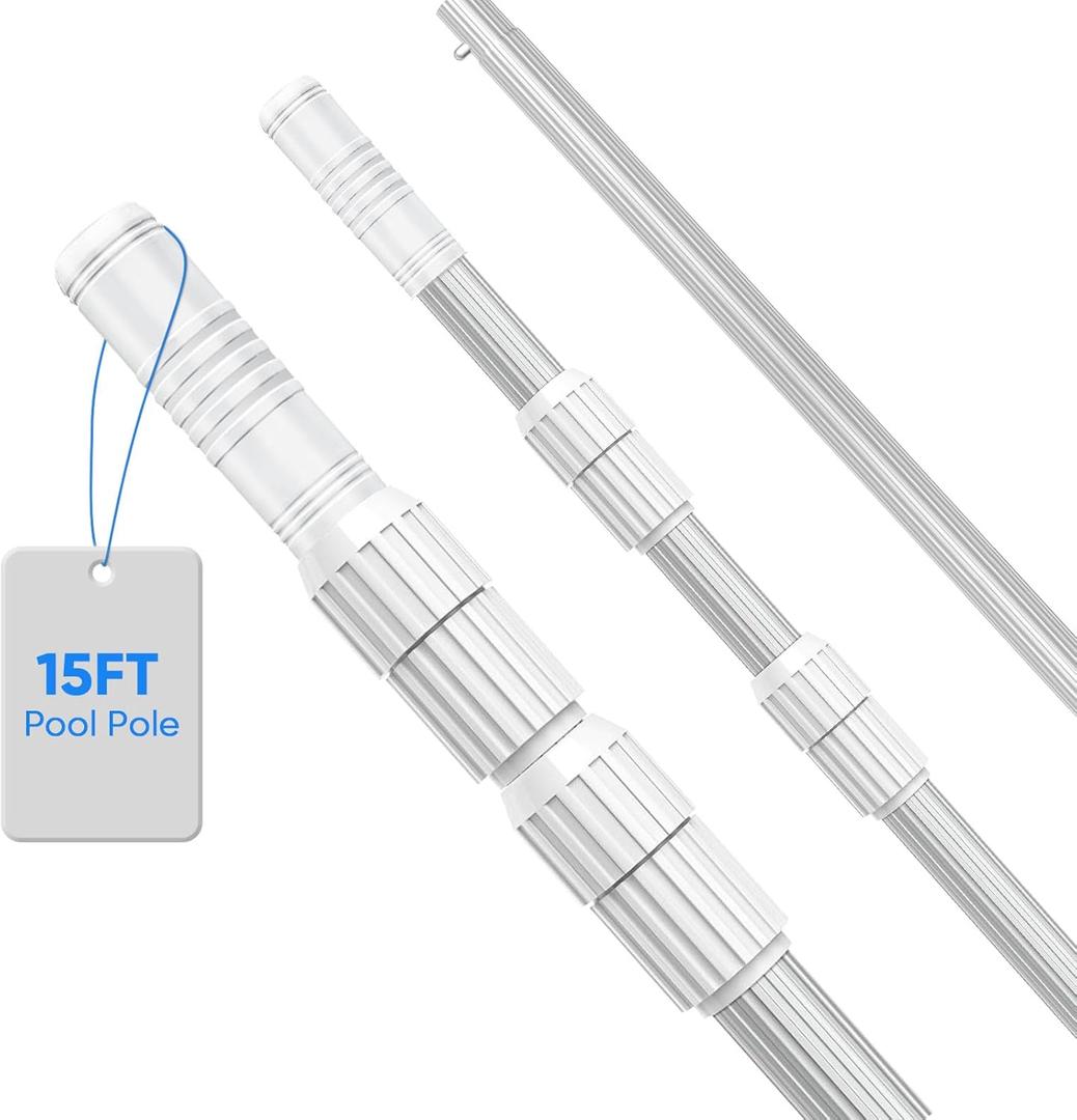 15FT Telescopic Pool Pole, Pool Skimmer Pole Heavy Duty, Adjustable 3 Piece Expandable Step-Up, Universal Pole for Skimmer Nets, Rakes, Brushes, Vacuum Heads Cleaning.
