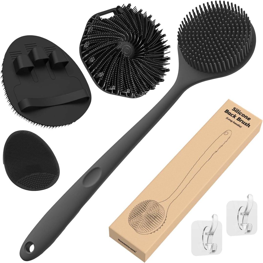 Manmihealth Silicone Back Scrubber & Soft Shower Face Brush Set 4 PCS(Thin Bristles), Super-Cleansing Body Scrubber & Strong Lathering Power Bath Glove Combination (Black)