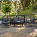 EAST OAK Courtyard Patio Furniture Set, 4-Piece Outdoor Patio Set with Sofa, Removable & Washable Deep Seating Cushion, Tempered Glass Table, Outside Patio Conversation Sets, Black & Dark Grey