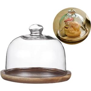 Glass Dessert Dome with Wood Base,Mini Cake Stand,Cake Plate Wooden Plates with Dome,Fruit Display Server Tray for Kitchen, Birthday, Wedding,Appetizer Dessert and Cheese Serving Stand (Round-5inch)
