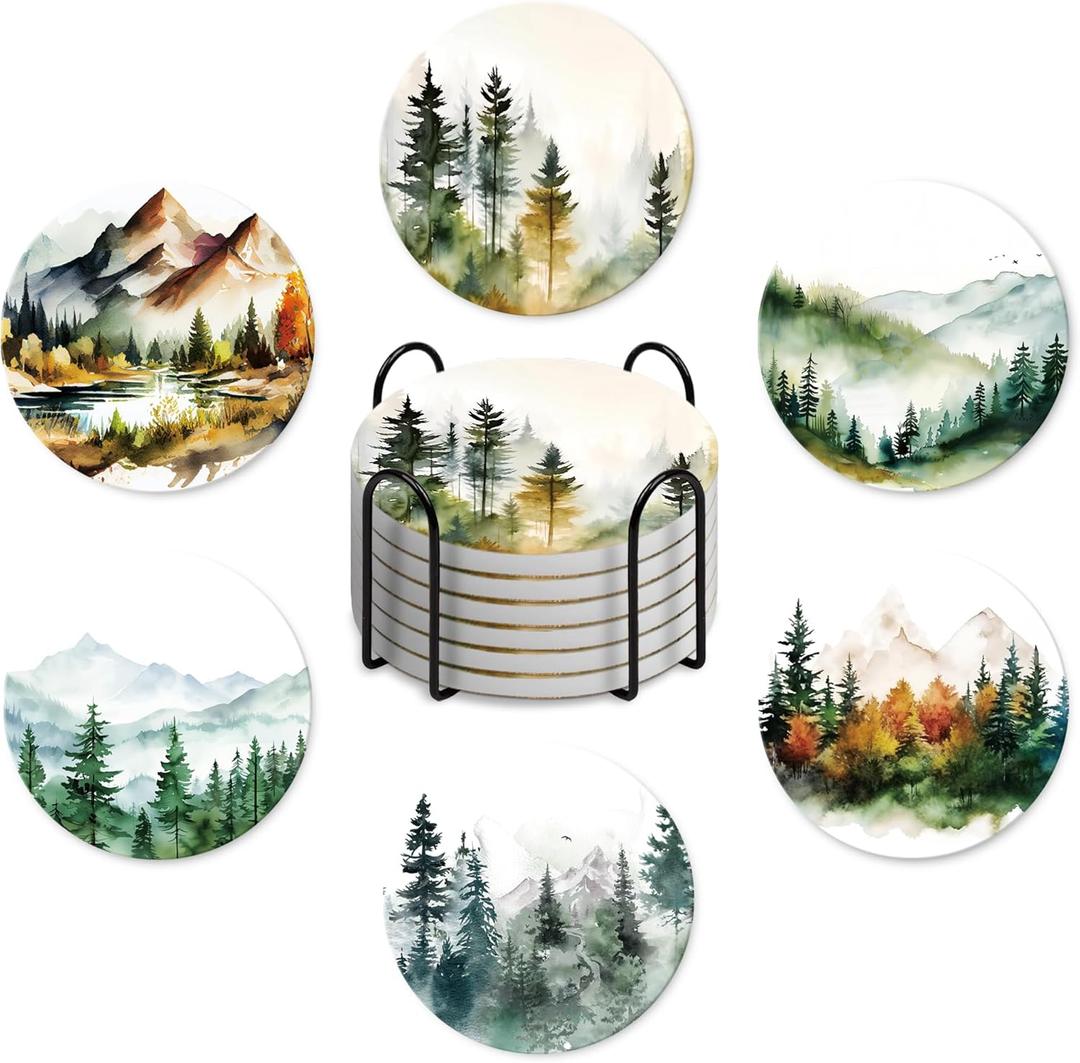 Forest Pattern Coasters Set of 6 with Holder and Cork Base-4in Absorbent Ceramics Coaster for Tabletop Protection Drink Coasters - Coffee Table, Home Decor-Housewarming Gifts for New Home