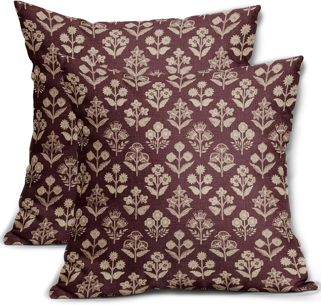 Burgundy Red Floral Block Print Pillow Covers 18x18 Inch Set of 2, Vintage Flower Pattern Decorative Throw Pillowcases Outdoor Farmhouse Cushion Covers Spring Summer Rustic Sofa Couch Bed Decor