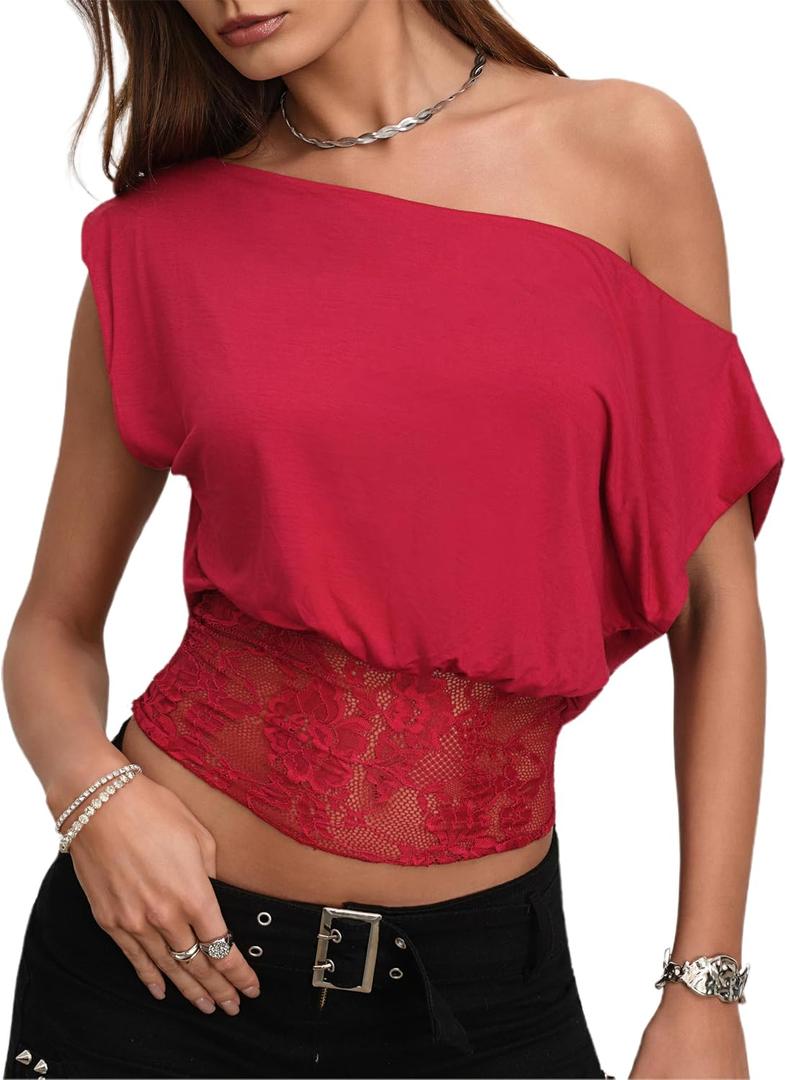 CSDAJIO Women's Summer Cap Sleeve Off The Shoulder Lace Top Asymmetrical Dolman Tee Boat Neck T Shirt (Red, M)