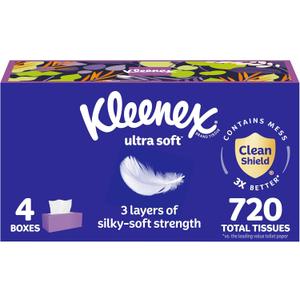 Kleenex Ultra Soft Facial Tissues, 4 Flat Boxes, 180 Tissues per Box, 3-Ply, Packaging May Vary (White)