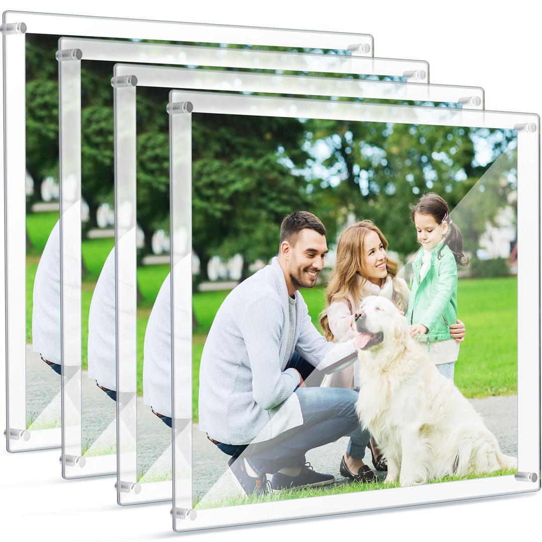 Chunful 4 Pack Clear 12 x 17 Inch Acrylic Wall Mount Floating Frameless Picture Frame Display Photo Frame Bulk for Poster Photography Collage Frames Double Panel Home Office Living Room Decor