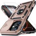 Janmitta Case for iPhone 15 Pro Max Phone Cover Built in Slide Camera Lens Cover+Screen Protector,Heavy Duty Shockproof Full Body PhoneCase with Finger Ring Holder Kickstand,Rose Gold