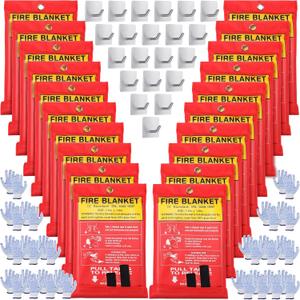 Macarrie 20 Pack Emergency Fire Blanket Bulk with Hooks and Gloves 40''x 40'' Commercial Fire Suppression Fiberglass Safety Fireproof Blanket Survival for Restaurant School Kitchen Donation Supply