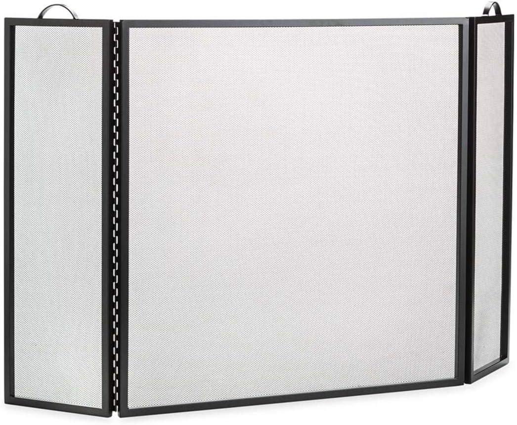 Plow & Hearth Metal Fireplace Screen 3 Panel Black | 50" W x 30" H | Flat Spark Guard Cover | Stand Alone Wrought Iron Panel Fire Place Cover