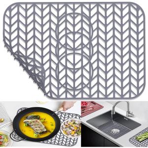 AWOKE Sink Protectors for Kitchen Sink - 19"x 13" Sink Mat - Heat resistant Easy-clean Silicone Sink Mat - for Protection of Stainless Steel Sink - with 3 Reserved Holes (Grey)