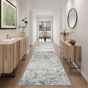 Art&Tuft 2x12 Runner Rug - Washable Runner Rugs, Non-Slip Runner Rug for Hallway, Low-Pile 2x12 Rug Runner Kitchen Laundry Room Rug Throw Carpet for Entrance Bedroom Living Room, Blue