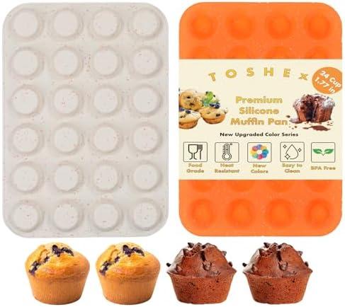 TOSHEX Silicone Muffin Pan 24 Cup Regular Silicone Cupcake Pan [2 Pack] Non-stick Baking Molds Great for Making Muffin Cakes, Bread, Tart, Brownies (Cream & Orange, 2 Pack 24 Cup Mini)
