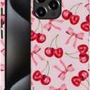 Generic Case for iPhone 16 Pro Max - [Drop Protection Phone Cover] - Hybrid Case for Girl Women - Cherry Ribbon Bow Fruit Pink