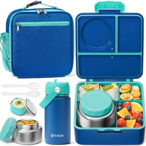 Fimibuke Kids Bento Lunch Box, Leakproof Toddler Bento Box with 8.5 OZ Insulated Food Jar, Lunch Bag, Kids Water Bottle, 3 or 4 Compartment Container for Back to School Toddler Girls Boys (Nautica Blue)