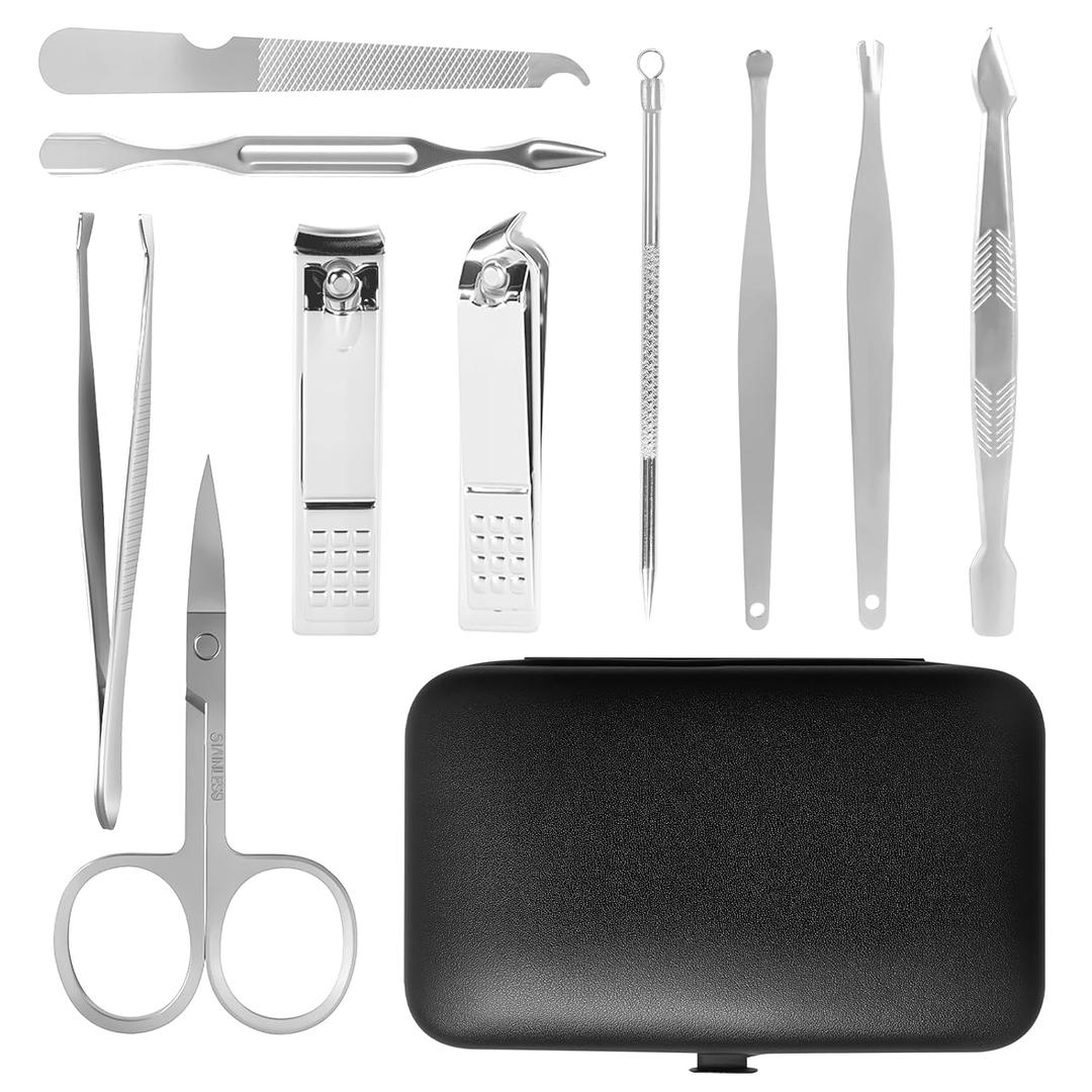 Nail Clippers Set, 10 Piece Manicure Set & Pedicure Kit, Fingernail & Toenail Clipper Cutters, Professional Nail Care Tools with Luxurious Travel Case for Men and Women, Stainless Silver