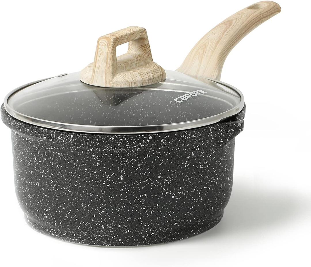 AROTE 1.5 Qt Sauce Pan with Lid, Small Nonstick Cooking Pot with Cool Handle, Saucepan with Pour Spout- PFOA FREE (Classic Granite)