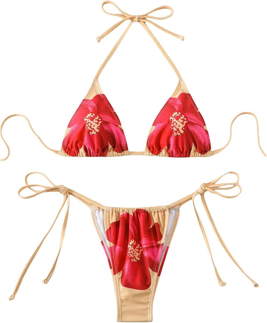 SHENHE Women's 2 Piece Floral Bikini Set Triangle Tie Side Halter Swimwear Bathing Suit (Medium, Multicolor-flower Print)