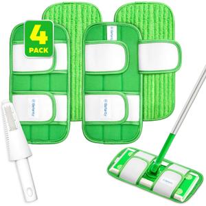 4 Pack Reusable Microfiber Mop Pads, Compatible with Swiffer Sweeper, Machine Washable Cloths, Scraper Included, Refills for All Floor Cleaning, Hook and Loop, Wet Dry - 10"- 12"