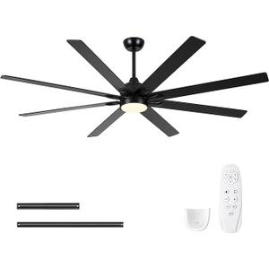 Sevenine 72 Inch Ceiling Fans with Lights and Remote, 8 Black Wood Blades, Large Ceiling Fan with 6 Speed Reverse DC Motor, 3 Color Dimmable LED, Downrod For Indoor Rooms Living Room Patio Farmhouse