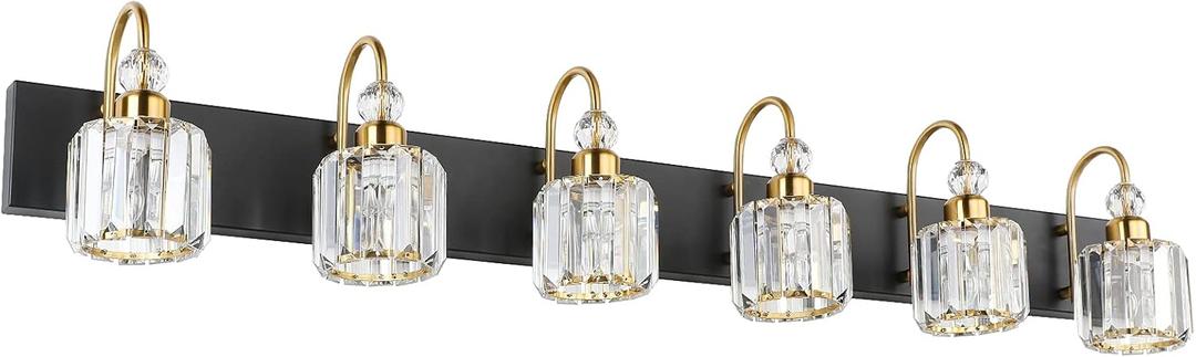 Ralbay Crystal Vanity Lights 6-Lights Modern Crystal Bathroom Vanity Lights Over Long Mirror Modern Black Gold Bathroom Vanity Lighting Fixtures