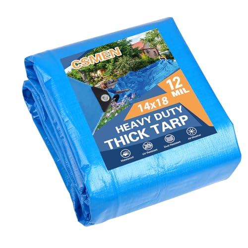 CSMEN Tarp Heay Duty Waterproof 14x18ft,Blue Tarp Cover Plastic Poly Tarpaulin for Outdoor Cover,Emergency Rain,Roof, Pool, Boat,Camping - Multipurpose with 12Mil Thickness