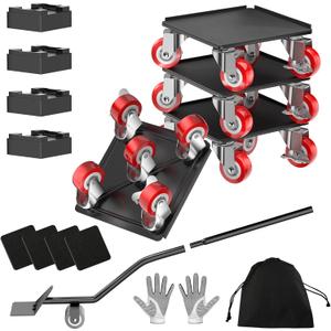 Furniture Movers and Dolly Heavy Duty 1500LBS Capacity 5X 360 Rotating Rubber Wheels Carbon Steel Panel Includes Lifter Jacks and Gliders for Sofa Refrigerator Washer Pro Set5.4in,Red