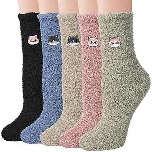 YSense Fuzzy Socks for Women 5 Pairs Winter Warm Fluffy Slipper Socks Soft Cute Cat Animal Socks, X-Cute Cat Style 1