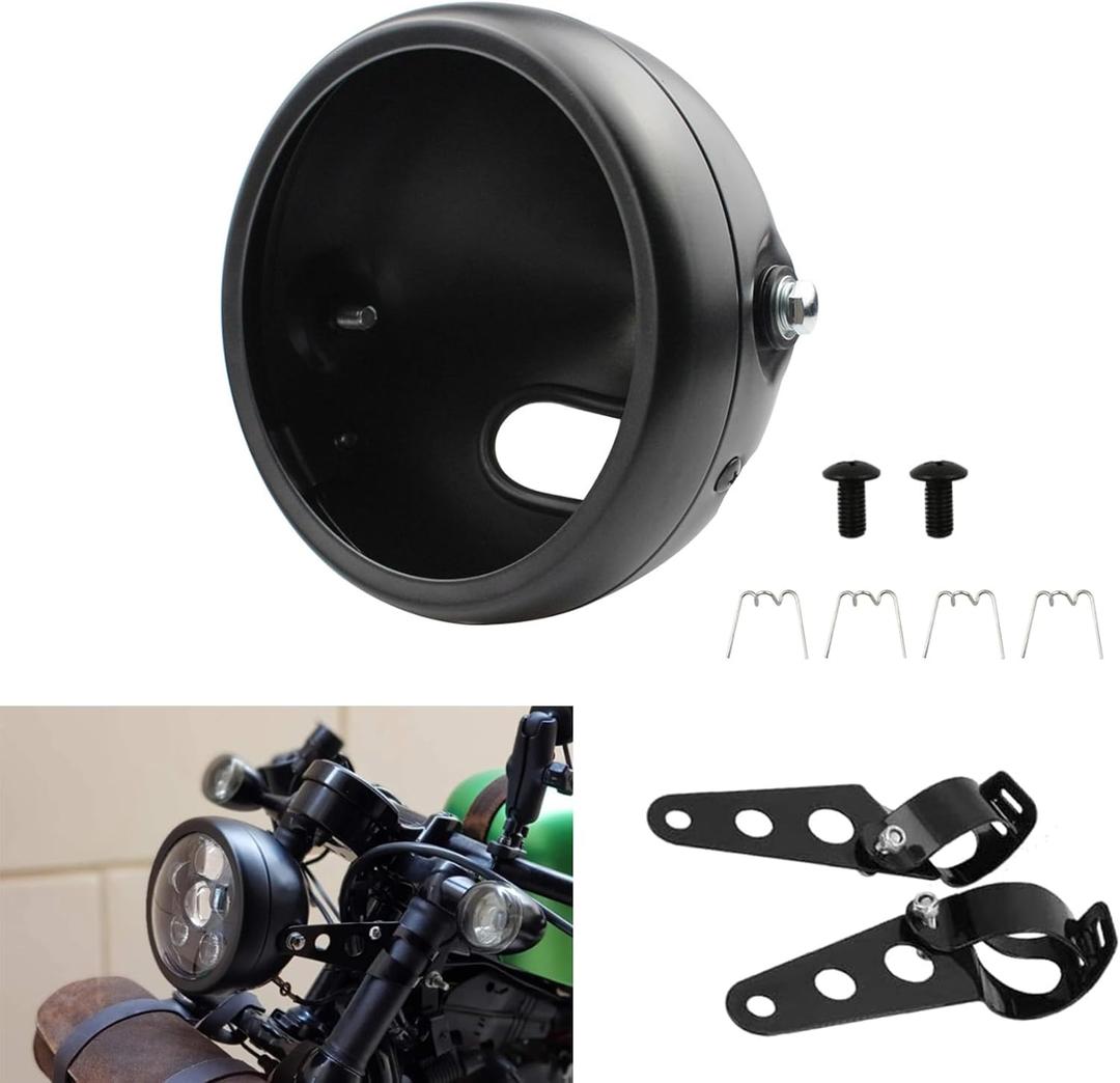 5.75 Inch Motorcycle Headlight Housing Bracket Headlamp Shell Cover 5-3/4 Headlight Mount Bucket for Harley Yamaha Suzuki Chopper Black Motorbike Headlight Bucket