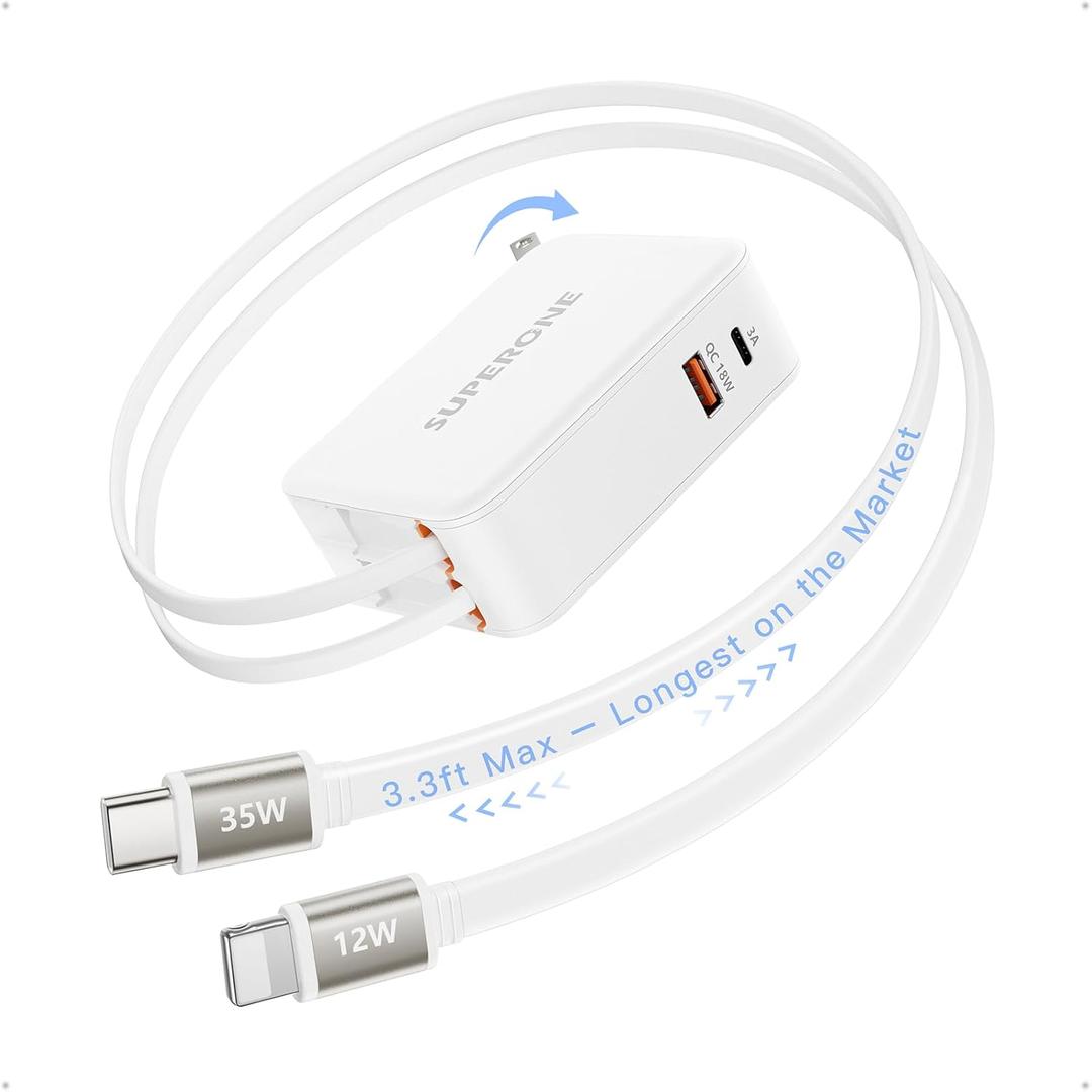 SUPERONE 4-in-1 Retractable Wall Charger with Upgraded 3.3ft Max Retractable Cables-Longest on The Market, PD 35W Fast Charging Phone Charger Wall Plug for iPhone 17/16/15 Series, iPad, Galaxy, Pixel (Base Model (Type-C & Apple Cables))