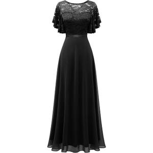 DRESSTELLS Lace Wedding Guest Formal Dresses, V-Back Empire Waist Bridesmaid Prom Party Evening Gown 2025 (Large, Black)