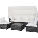 6-Piece Wicker Patio Conversation Set Retractable Canopy with White Cushions