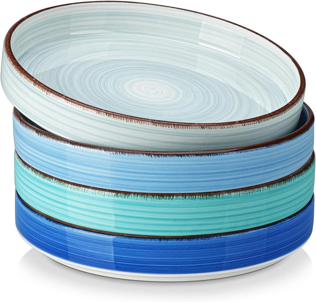 vancasso Bonita Pasta Bowls Set of 4, 32oz Shallow Bowl Plates, Dinner Bowls, Ceramic Pasta Plates, Microwave & Dishwasher Safe Serving Bowls, Bule (Blue)