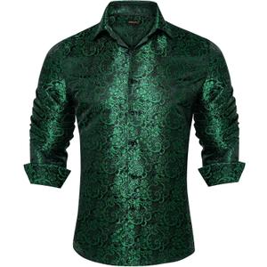 DiBanGu Mens Long Sleeve Button Down Shirt,Satin Shiny Dress Shirt for Men Solid Regular Fit Shirts with Pocket Wedding Party (Medium, Emerald Green Floral) DiBanGu Mens Long Sleeve Button Down Shirt,Satin Shiny Dress Shirt for Men Solid Regular Fit Shirts with Pocket Wedding Party (Medium, Emerald Green Floral)