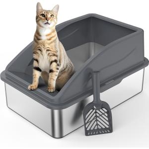 AIPERRO Stainless Steel Litter Box | XL Enclosed Cat Litter Boxs with Lid for Big Cats | High Sided, Anti-Urine Leakage | Non-Stick Bottom & Includes Scoop