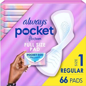Always Pocket Feminine Pads with FlexFoam, Size 1, Regular, with Wings, Unscented, 66 Count (3 Packs of 22)