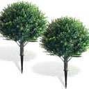 Yunlly 2 Pcs 18 Inch Artificial Boxwood Ball Topiary Tree Fake Outdoor Plants Bush, UV Resistance Faux Shrub with Spike Realistic Greenery Potted for Indoor Garden Yard Porch Patio Decor (Dark Green)
