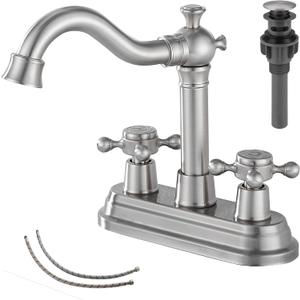 Bathroom Faucet Brushed Nickel GGStudy 2 Handles 4 Inches Centerset Bathroom Vanity with Drain Assembly and Supply Hose Lavatory Mixer Double Handle Tap