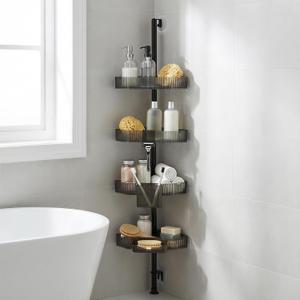 Corner Shower Caddy, Extendable Rustproof Shower Organizer Adjustable 4-Tier Bathroom Shelves Anti-Tipping Bathtub Shampoo Storage Floor Standing Bath Rack Shower Shelf with Soap Dish, Black 