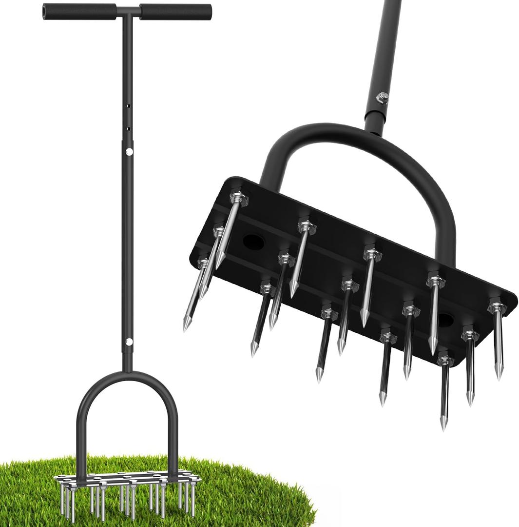 Aerator Lawn Tool Lawn Aerator -Heavy Duty Manual Grass Aerator with 15 Iron Spikes, Height Adjustable, Yard Aerator Tool for LawnBlack