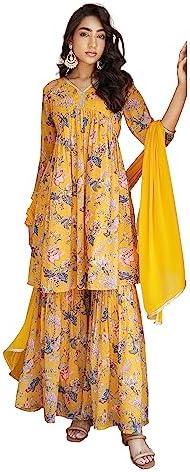 Janasya Indian Women's Georgette Yellow Floral Print Festive Wear Kurta Set for Women, Large