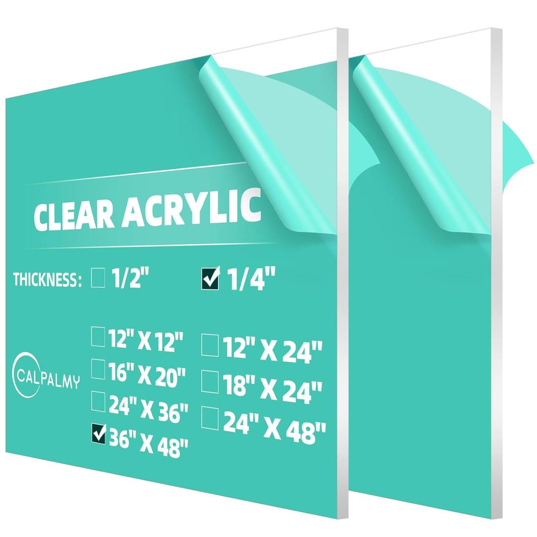 CALPALMY (2 Pack) 1/4" Thick Clear Large Acrylic Sheets - 36" x 48" Pre-Cut Plexiglass Sheets for Windows, Craft Projects, Signs, Display Cases, Sneeze Guard and More - Cut with Power Saw, Hand Tools