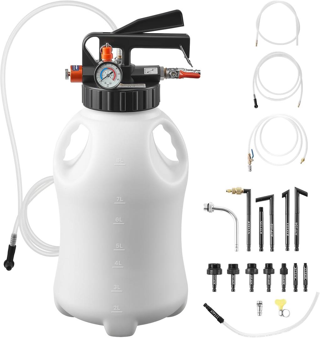VEVOR Transmission Fluid Pump, 8 L Pneumatic Oil Fluid Extractor, ATF Refill Dispenser Transfer Pump with 15 ATF Adapters, Oil Extractor Dispenser with HDPE Tank for Cars, Boats, Lawn Mowers