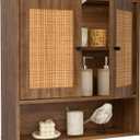 Wall Mounted Cabinet with Rattan Double Doors, 3-Tier Storage for Bathroom Over Toilet, Floating Shelf for Towels & Decor, Boho Medicine Cabinet for Kitchen, Dining Room, 23.23 x 7.68 x 24 in, 23.2x 7.68x24 in